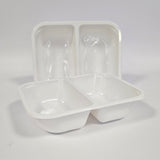 A white, two-compartment CPET food tray with a capacity of 700ml, dimensions 200x155x45mm.