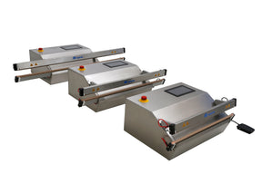 Three silver sealing machines on a white background