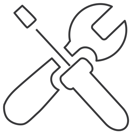 Black line drawing of a screwdriver and wrench on a white background