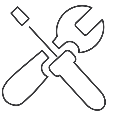 Black line drawing of a screwdriver and wrench on a white background